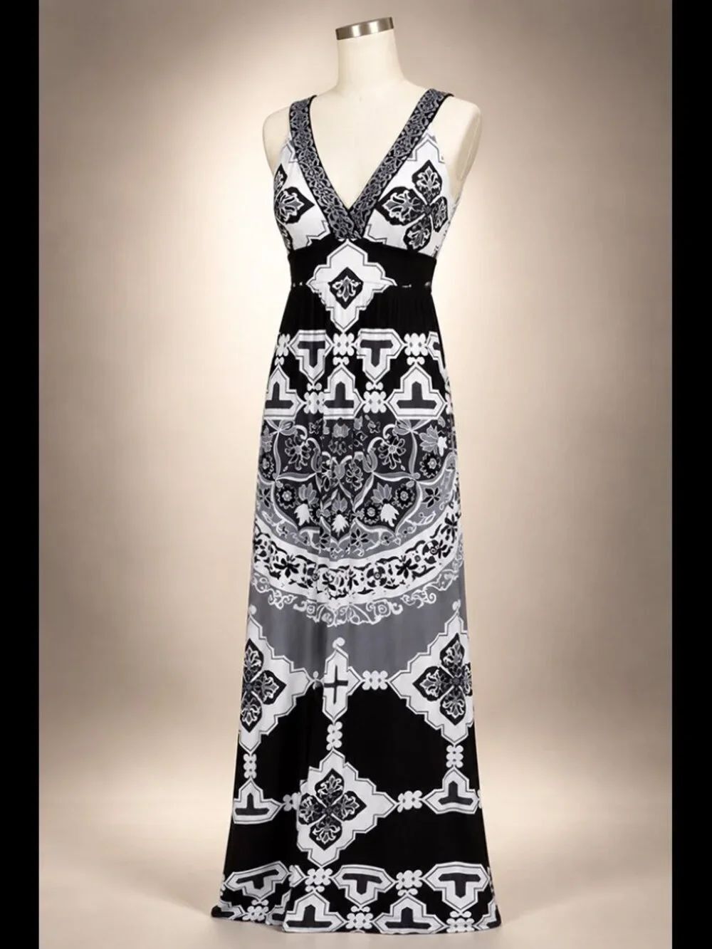 Haley Bob Beaded Empire Waist Maxi Dress Black White Gray Sleeveless